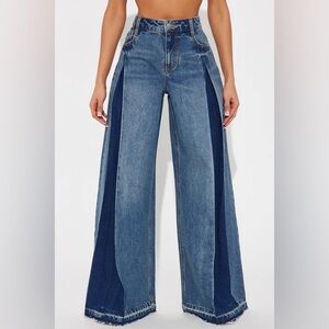 Wide Leg Two-Tone Blue Jeans for Women